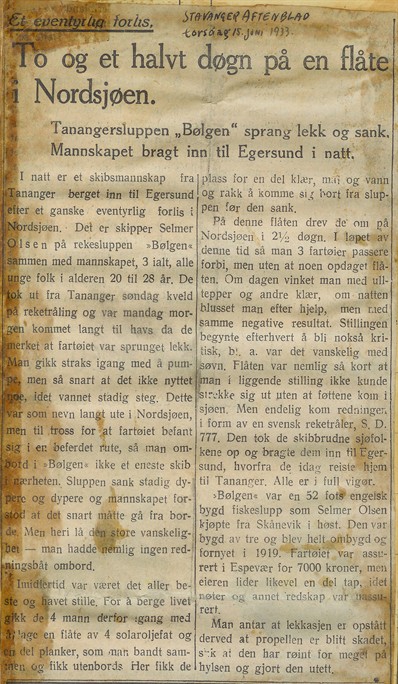 1933.06.15 - Stavanger Aftenblad - To og et havlt døgn på en flåte i Nordsjøen